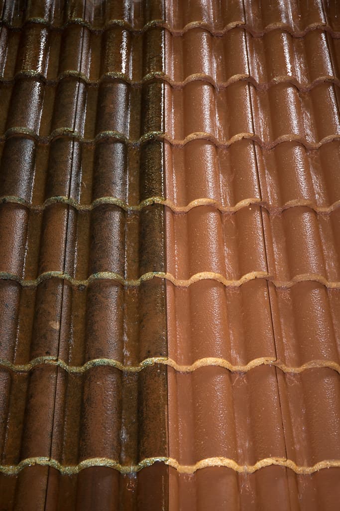 A terracotta tile roof half covered in moss and lichen, half cleaned back to bare tile